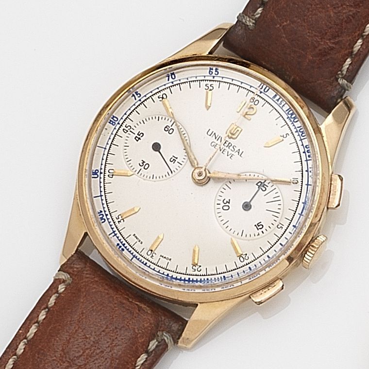 Universal. An 18ct gold manual wind chronograph wristwatchRef:124115-2, Case No.1508577, Circa 1950