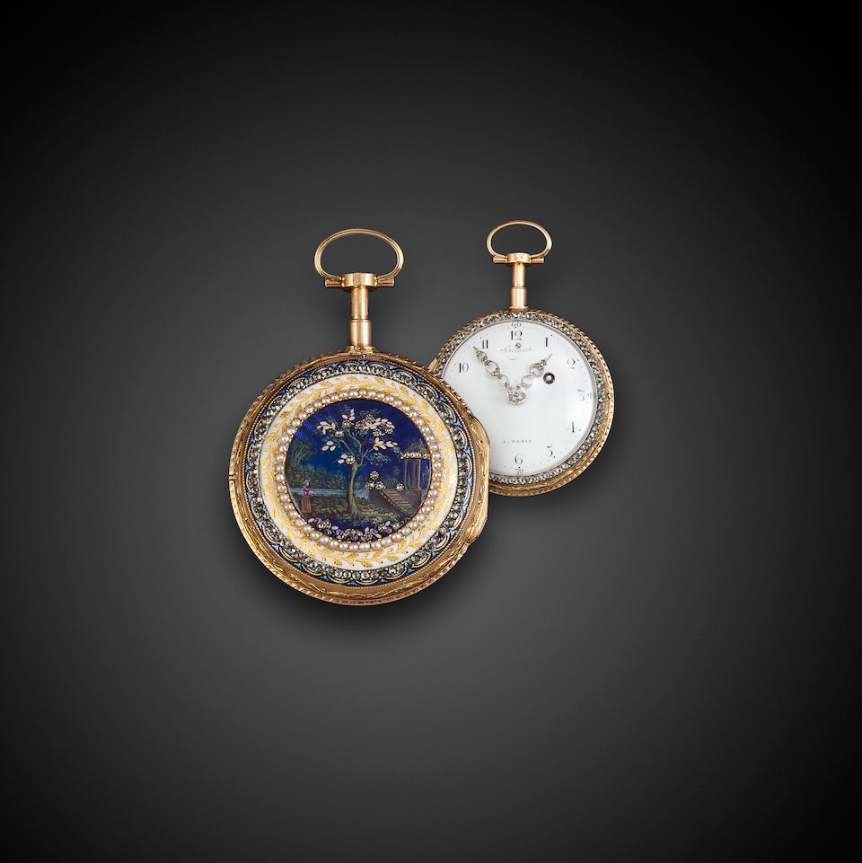 A very fine enameled varicolored gold and gem set verge watch quarter repeating on a bell or à tocBearing signature Breguet A PARIS, No. 51, ...