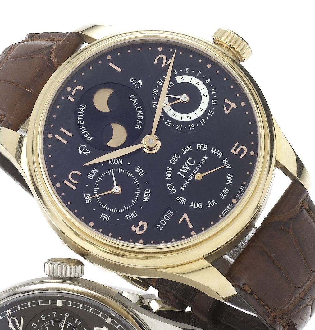 IWC. A fine and rare 18ct gold automatic wristwatch with perpetual calendar 7 days power reserve and moon phasePortuguese Automatic Perpetual Calendar, Case No. 3094731, ...