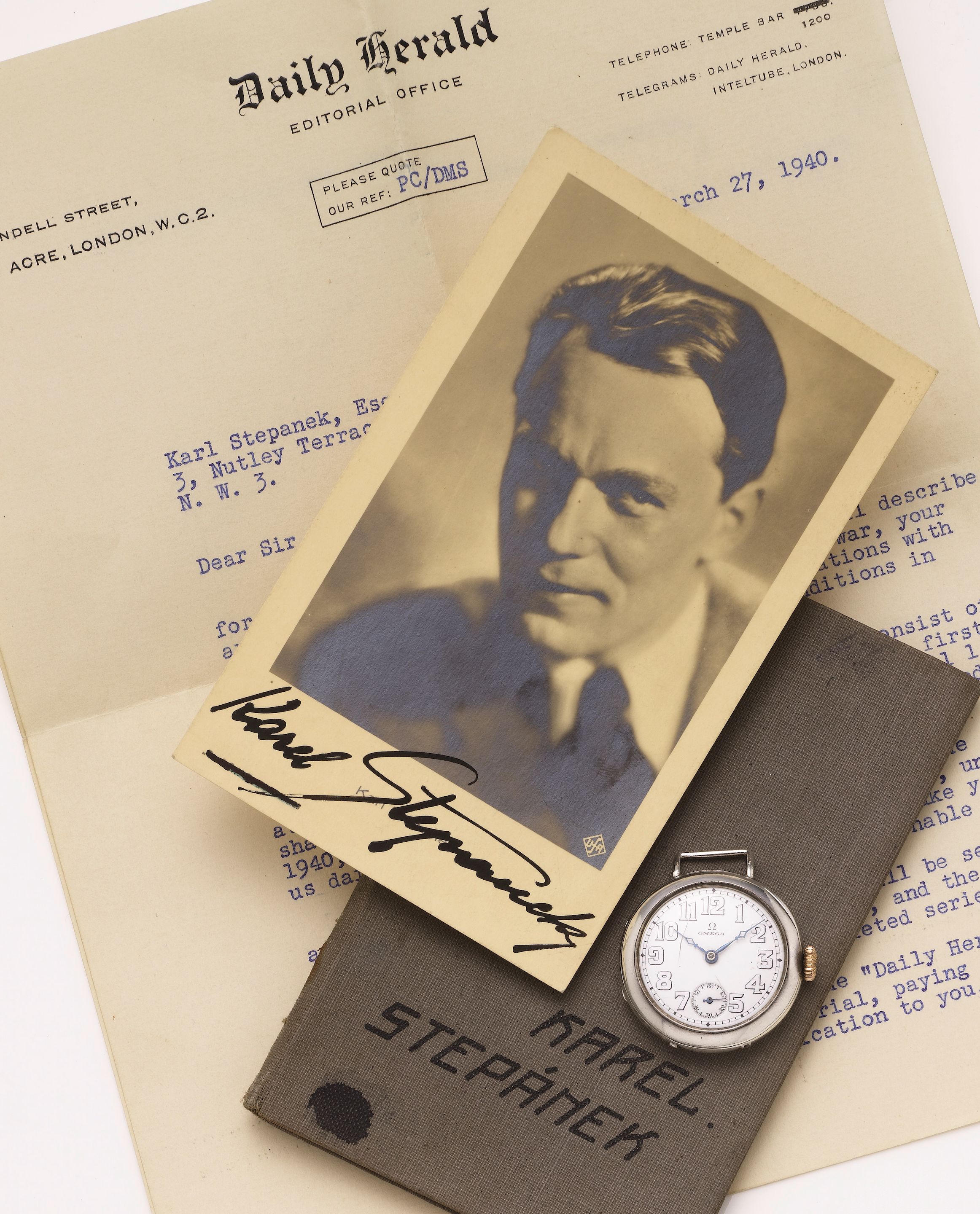 Omega. An interesting early 20th century silver manual wind wristwatch belonging to the actor Karel Stepanek, together with various papers and letters relating to his ...