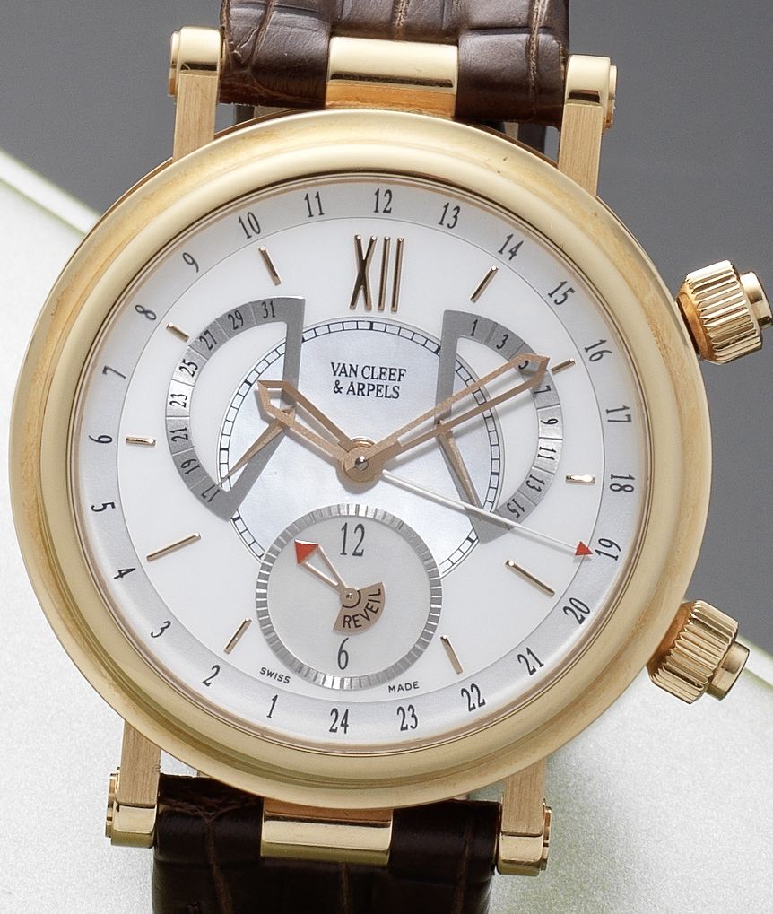 Van Cleef & Arpels. A fine 18ct rose gold automatic calendar alarm wristwatch together with fitted Van Cleef & Arpels boxMonsieur Arpels Reveil GMT, No.250094, ...
