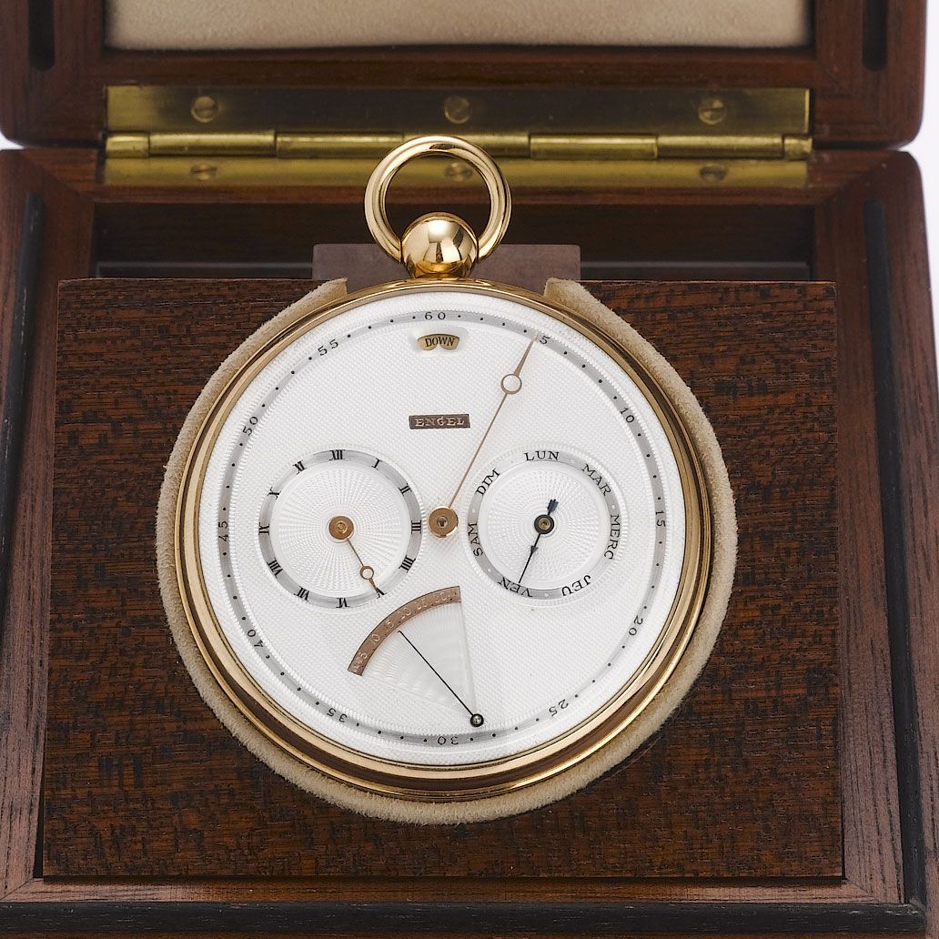 Thomas Engel. A fine and rare 18ct gold open face pocket watch with 30-hour power reserve indicator, thermometer and date together with a mahogany fitted ...