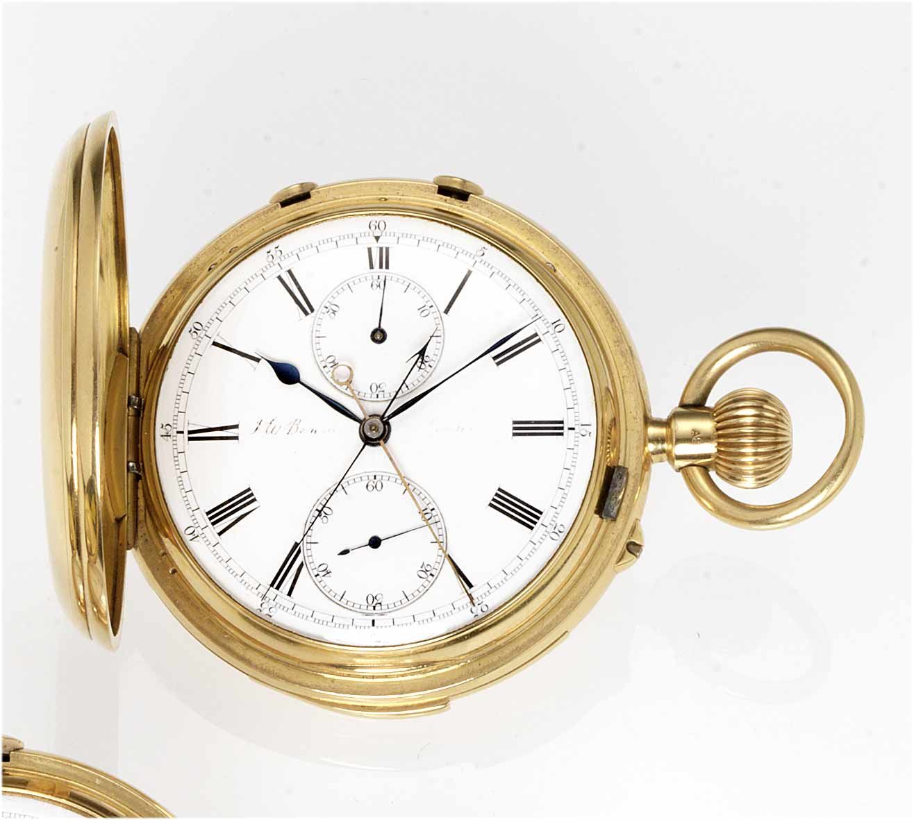 J.W.Benson. A fine early 20th century 18ct gold full hunter minute repeating split second free sprung chronograph pocket watch with regulator style dial 62 & ...