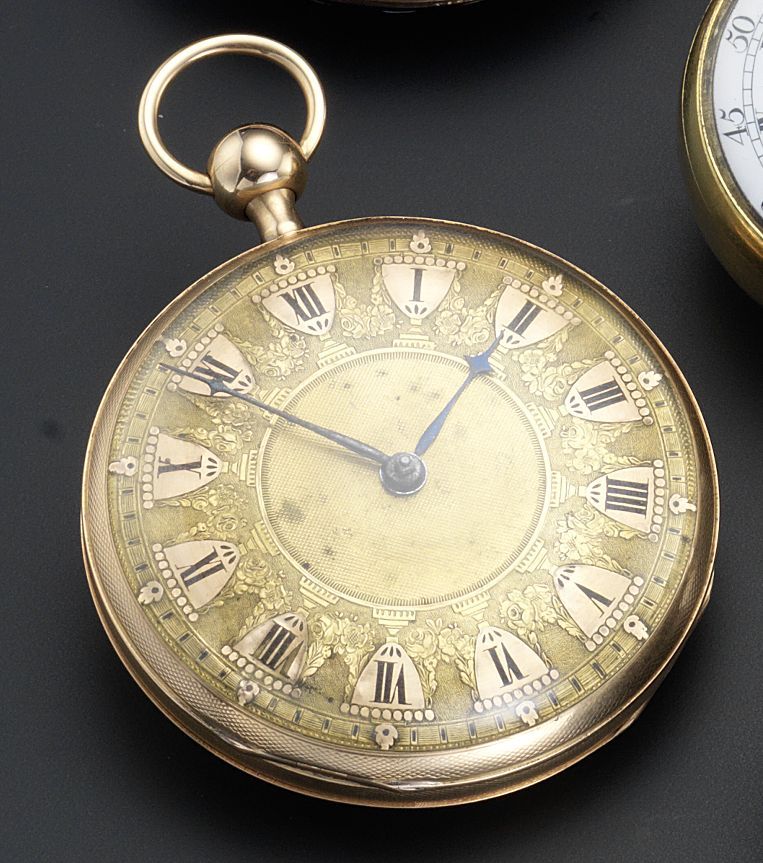 French/Swiss. A rose gold open face quarter repeating pocket watchNumber 445, circa 1820