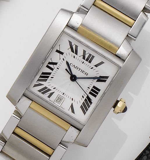 Cartier. A stainless steel and gold automatic calendar bracelet watchTank Francaise, Recent