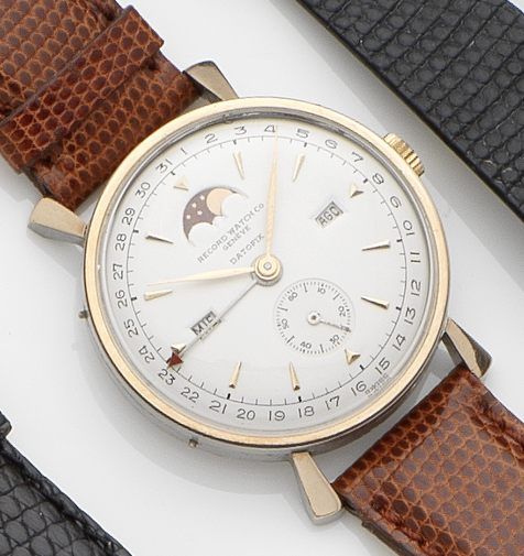 Record Watch Co. A gold plated and steel triple date manual wind wristwatch with moon phasesDatofix, Case No.772200/257 , 1940's