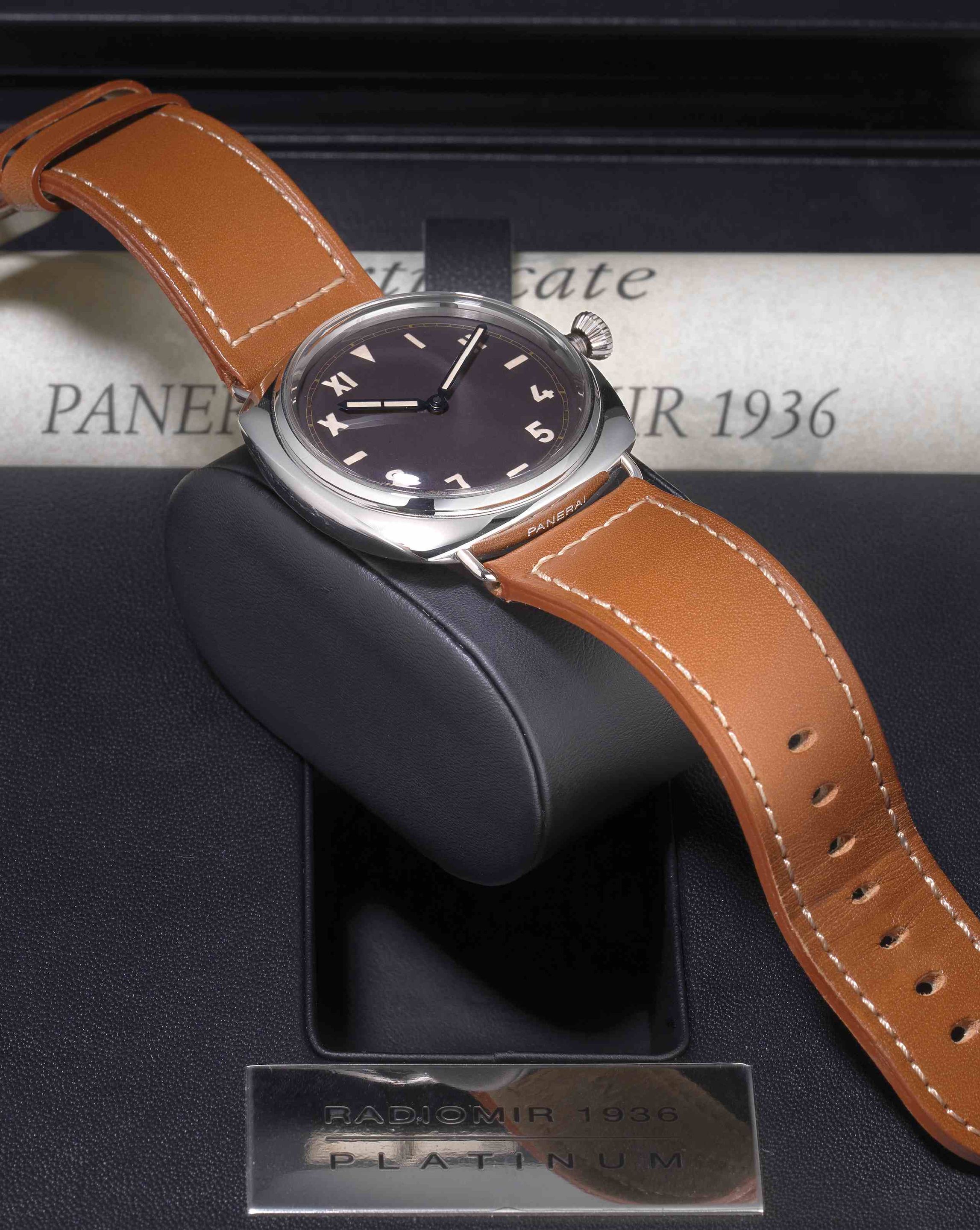 Officine Panerai. A fine and rare limited edition platinum manual wind wristwatchRadiomir 1936, Ref:PAM 262 California Dial, Case No.BB 1218512, Movement No.497989, Limited edition 18/99, ...