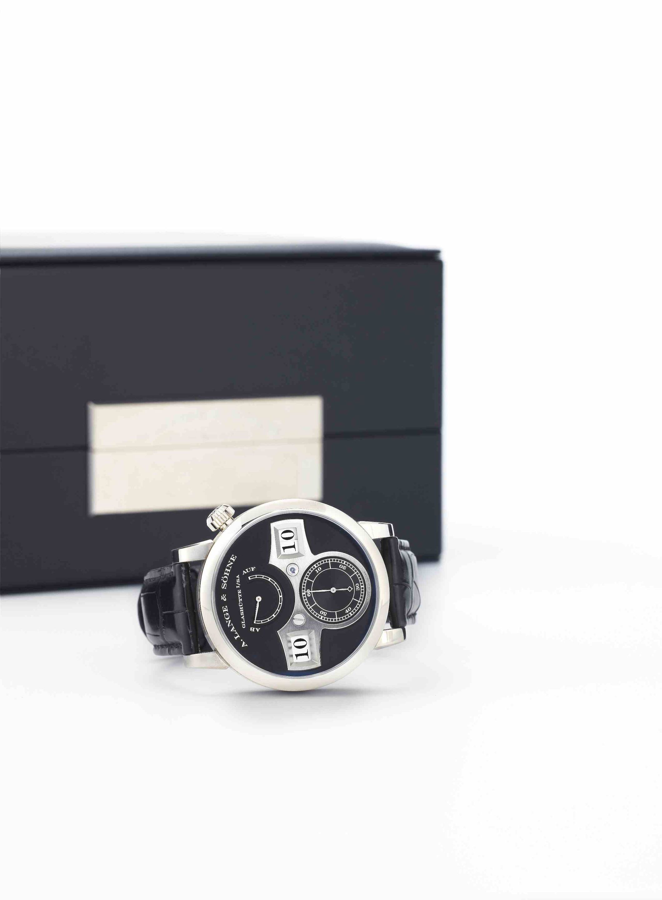 A. Lange & Söhne. A very fine and rare 18ct white gold jumping hour manual wind wristwatchLange Zeitwerk, Ref:140.029, Case No.187608, Movement No.80304, Sold in ...
