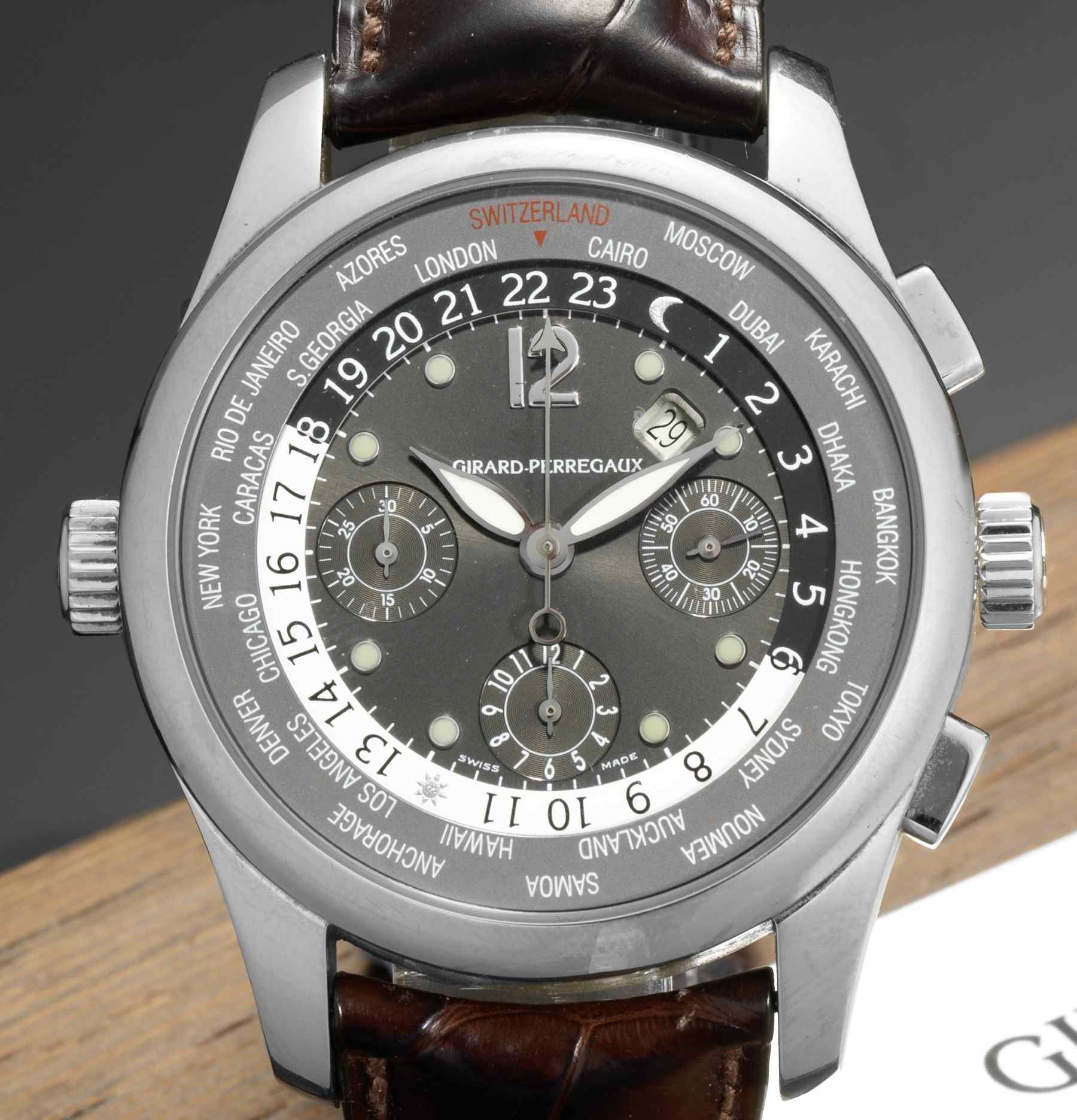 Girard Perregaux. A stainless steel automatic chronograph wristwatchWorld Time, Ref:49800, Sold 17th August 2006