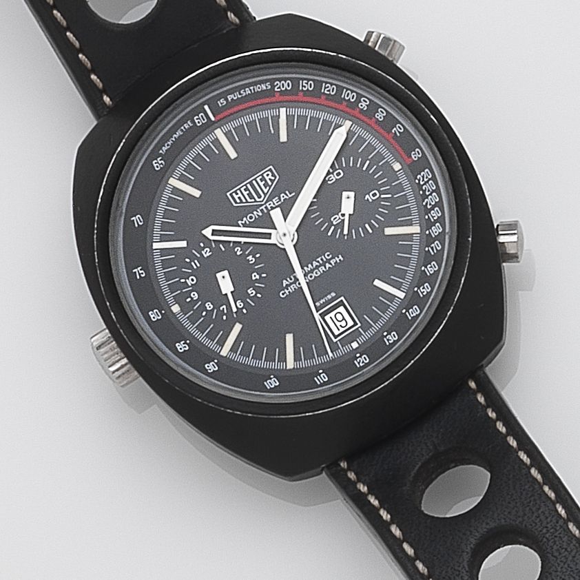 Heuer. A black PVD coated automatic calendar chronograph wristwatch Montreal, Ref:110.501, Circa 1976