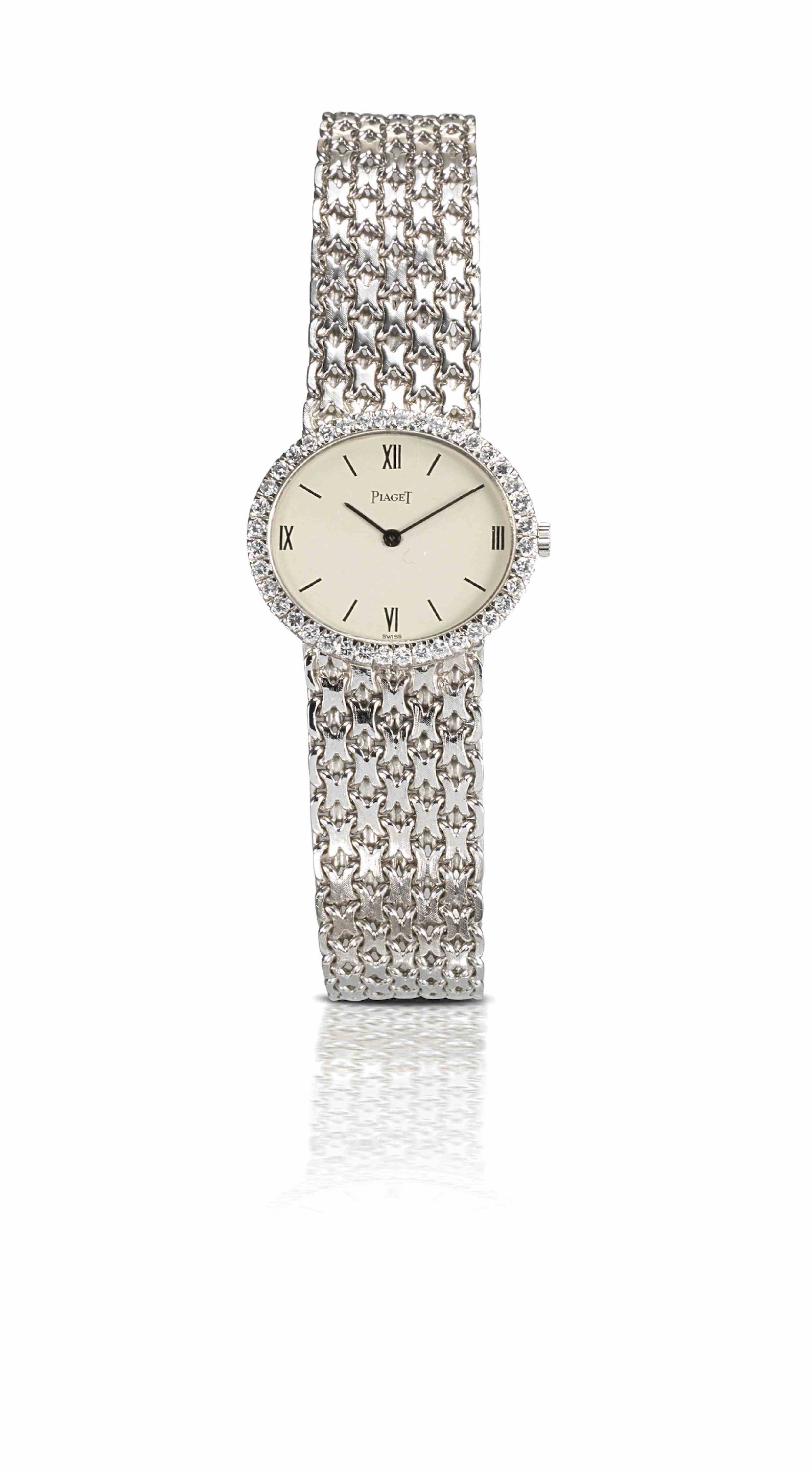 Piaget. A fine 18ct white gold and diamond set lady's manual wind bracelet watchCase No.9806N22 121809, 1970s
