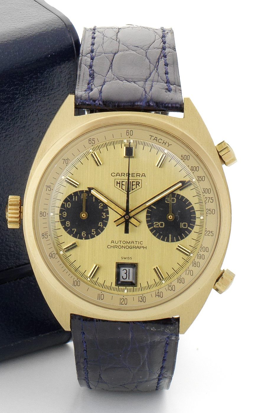 Heuer. A fine and rare 18ct gold chronograph calendar automatic wristwatchRef:1158, Serial No.249360, Circa 1974