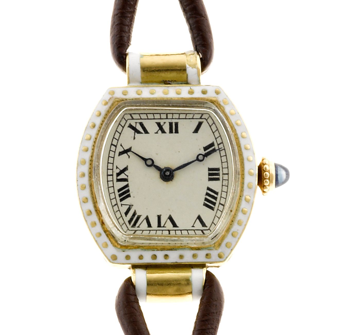 An eighteen karat gold and enamel wristwatch, Cartier, French, with cord strap