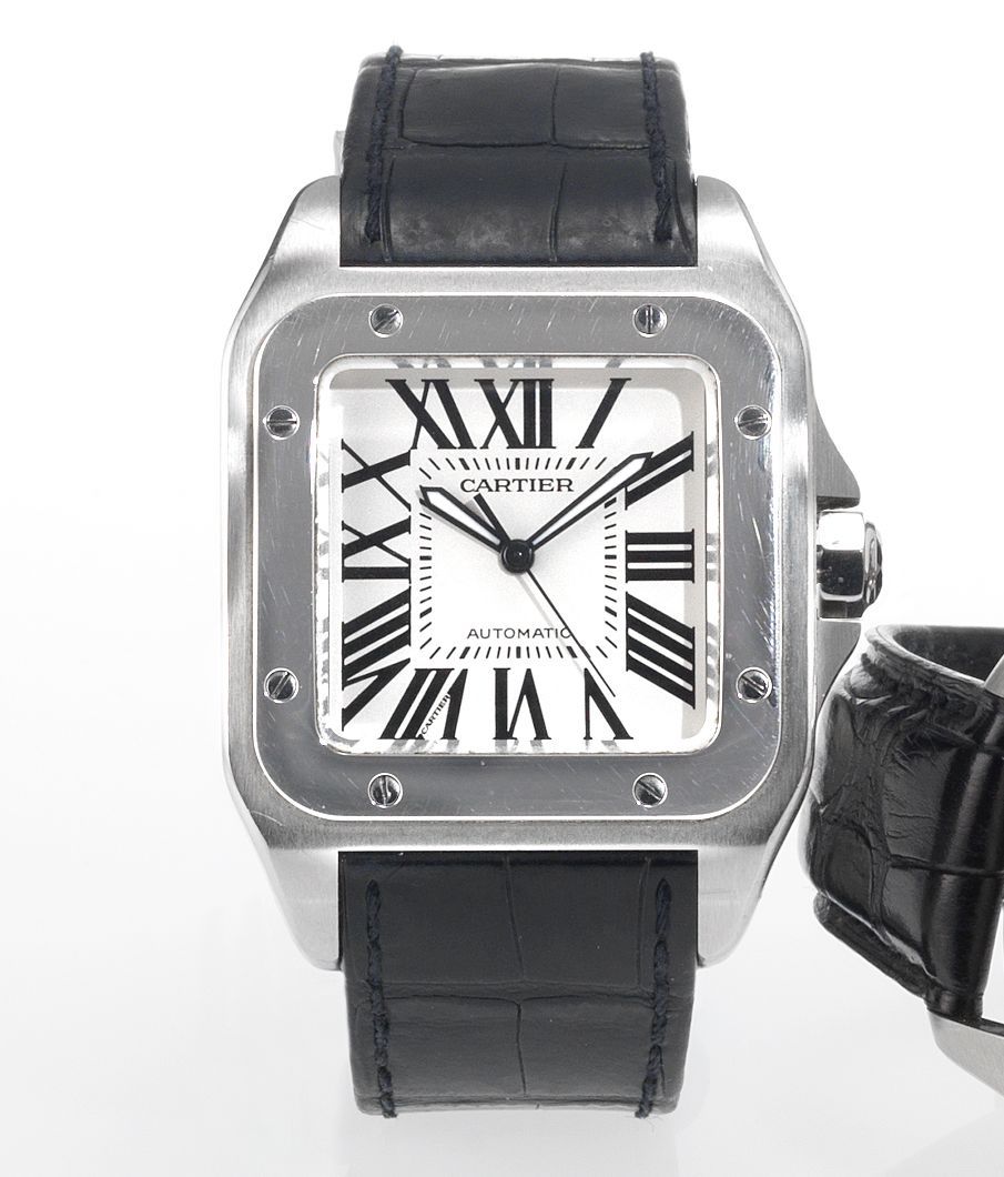 Cartier. A fine over sized stainless steel automatic centre seconds wristwatch together with fitted presentation box and papersSantos 100, Ref:380429CE, Sold May 15th 2004