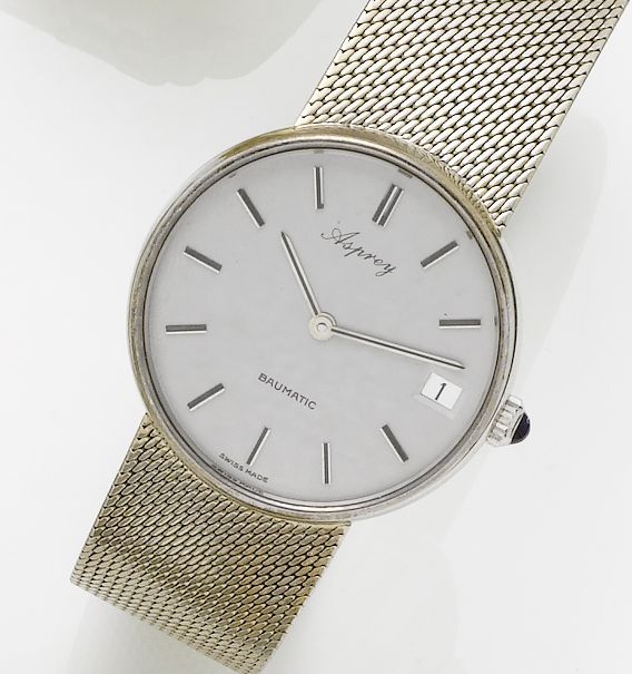 Baume & Mercier. An 18ct white gold automatic calendar bracelet watchBaumatic, retailed by Asprey, 1980's