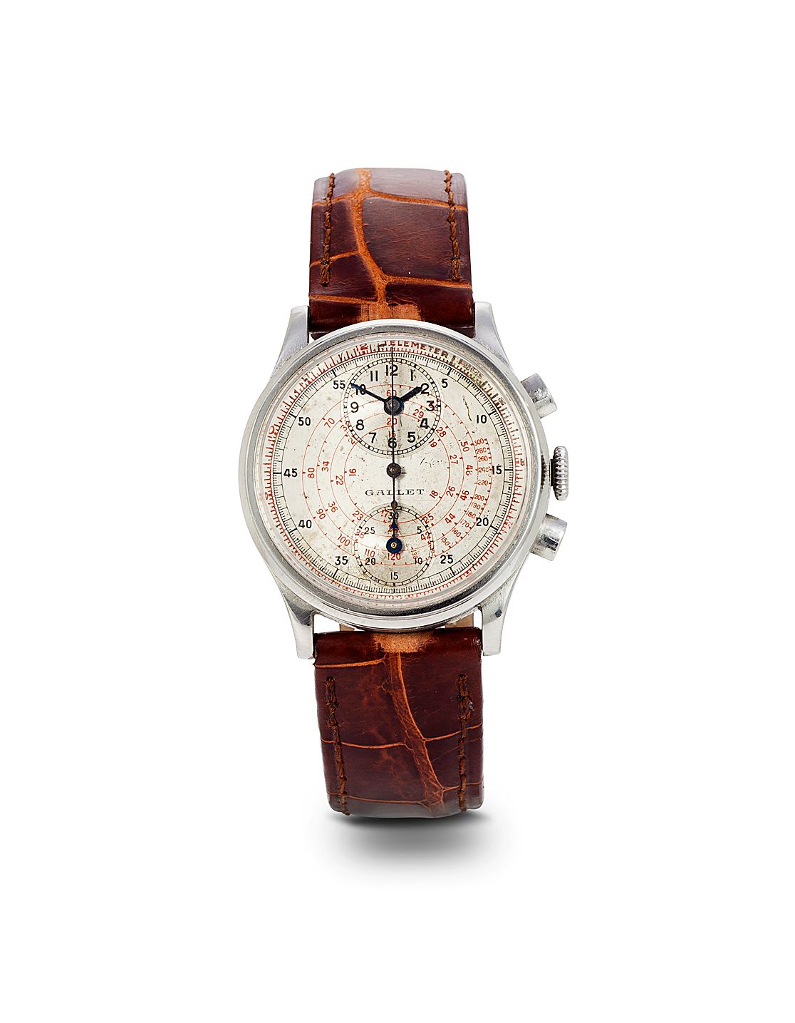 Gallet. A stainless steel chronograph with tachymeter and telemeter scalesNo. 62332