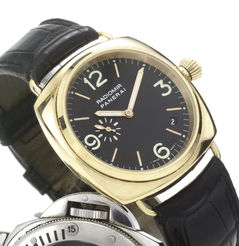 Officine Panerai. A fine 18ct gold automatic calendar wristwatch together with fitted box and papersRadiomir, Ref:OP6564, D097/300, BB1031181, Sold June 23rd 2001