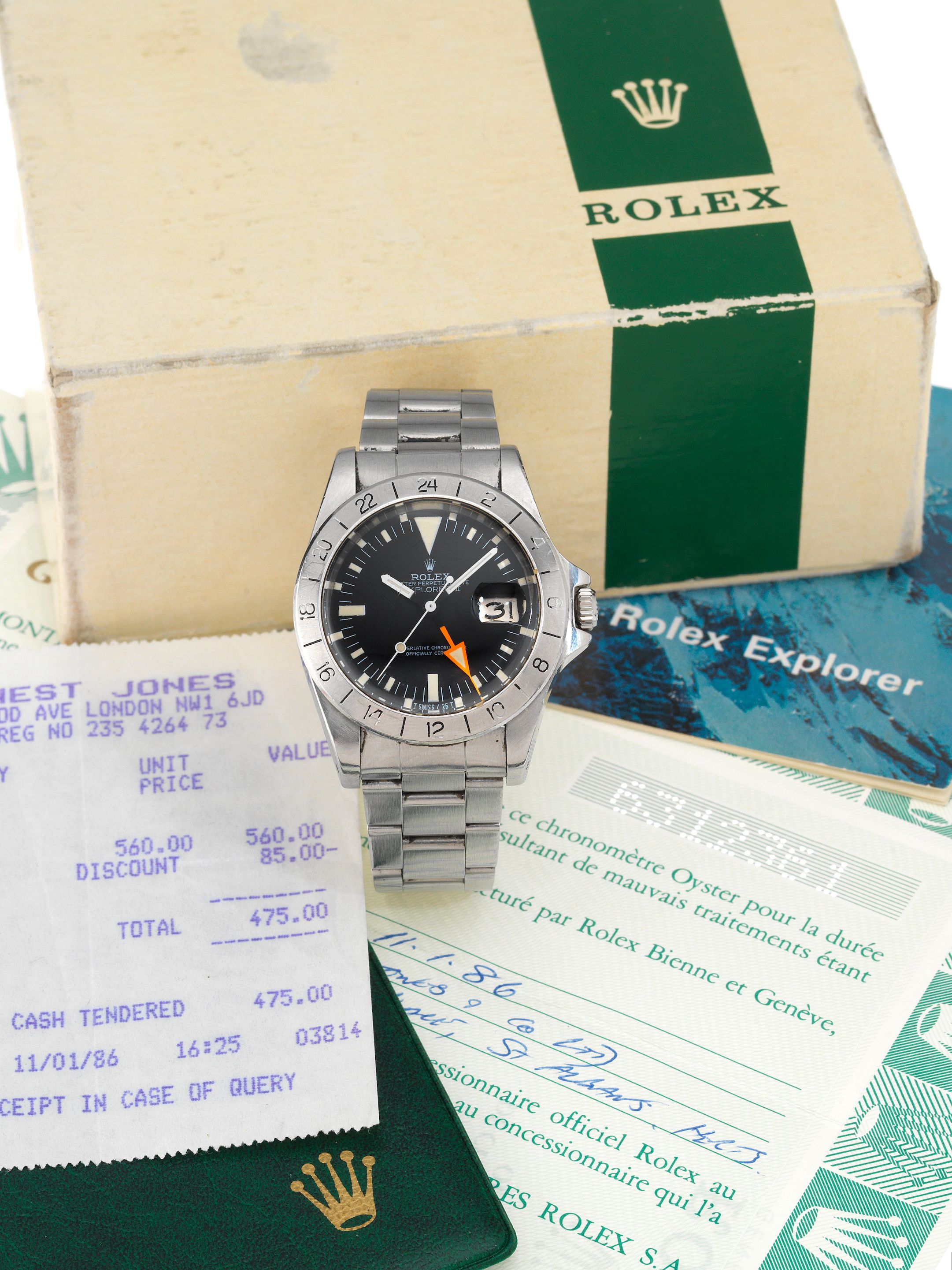 Rolex. A fine stainless steel centre seconds automatic wristwatch with 24-hour bezel and orange hand together with the original punched Guarantee papers, fitted Rolex box ...