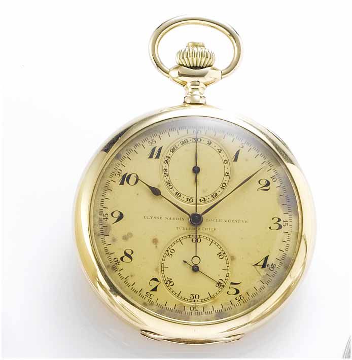 Ulysse Nardin. An early 20th century 14ct gold open face chronograph pocket watch Retailed by Turler, Zurich, circa 1910
