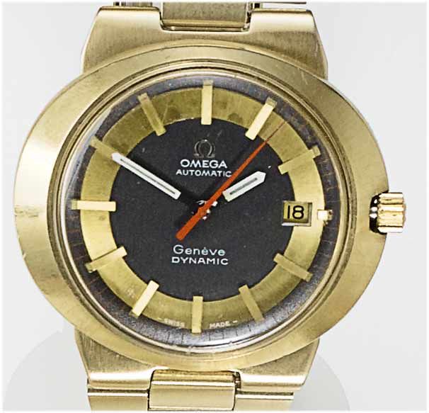 Omega. A gents gold plated centre seconds calendar bracelet watchDynamic, 1960's