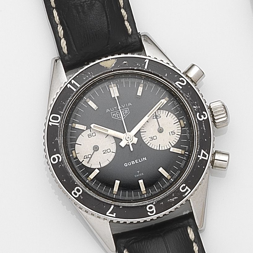 Heuer. A stainless steel manual wind chronograph wristwatchAutavia, Ref:3646, Case No.82882, Retailed by Gublin, Circa 1969