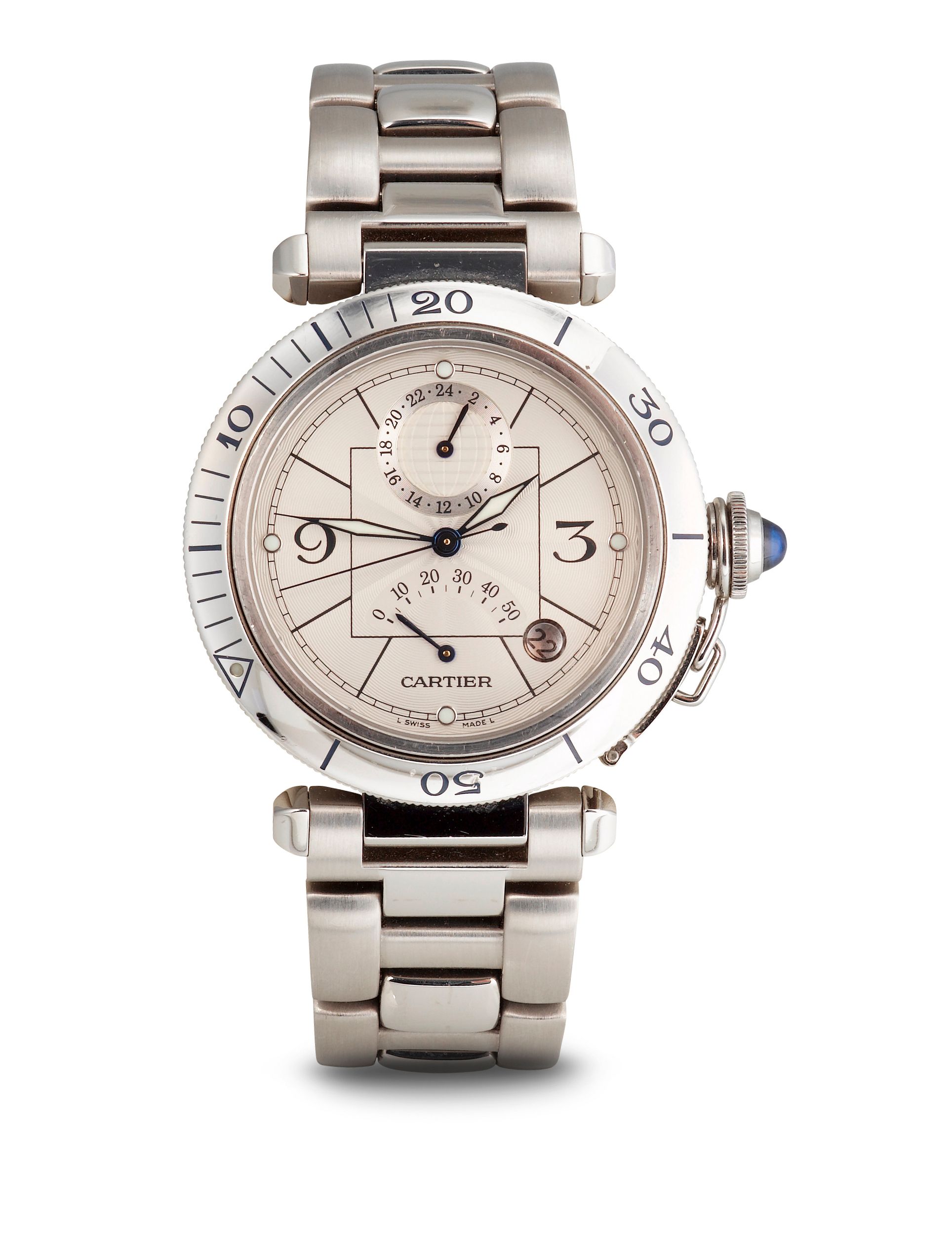 Cartier. A stainless steel automatic two time zone center seconds bracelet watch with power reserve and datePasha, no. 2388 / 882434UF
