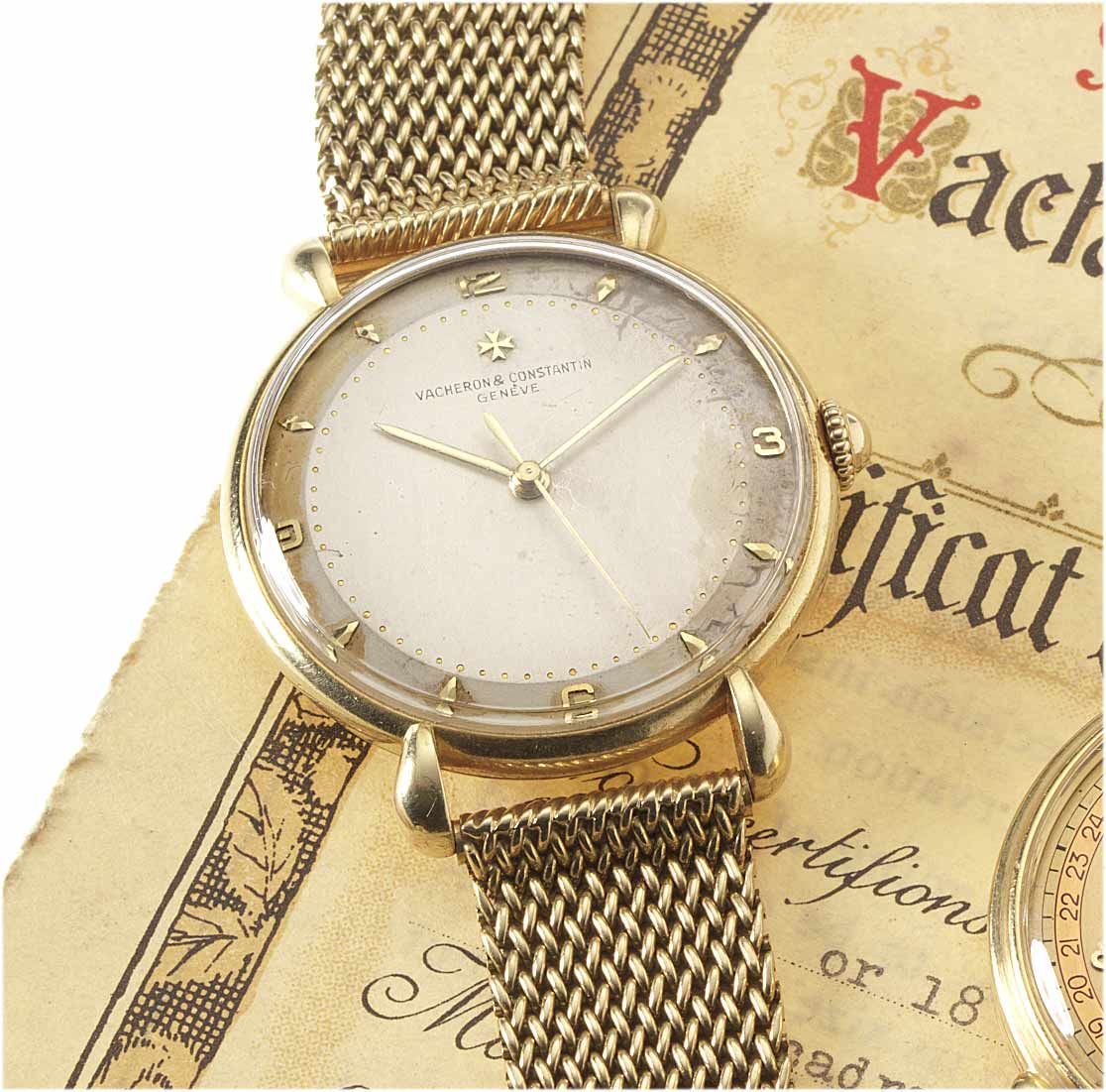 Vacheron & Constantin. A fine and rare 18ct gold centre seconds bracelet watch with original box and papersRef:4218, Case No.339694, Movement No.510352, 1950