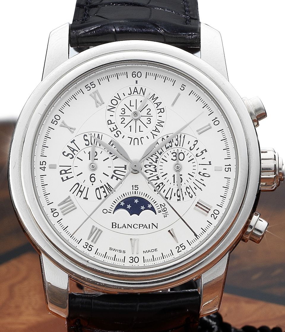 Blancpain. A fine and rare platinum automatic perpetual calendar split seconds chronograph wristwatch together with wooden presentation box, setting tool and guarantee papersLe Brassus, Ref:4286P-3442, ...