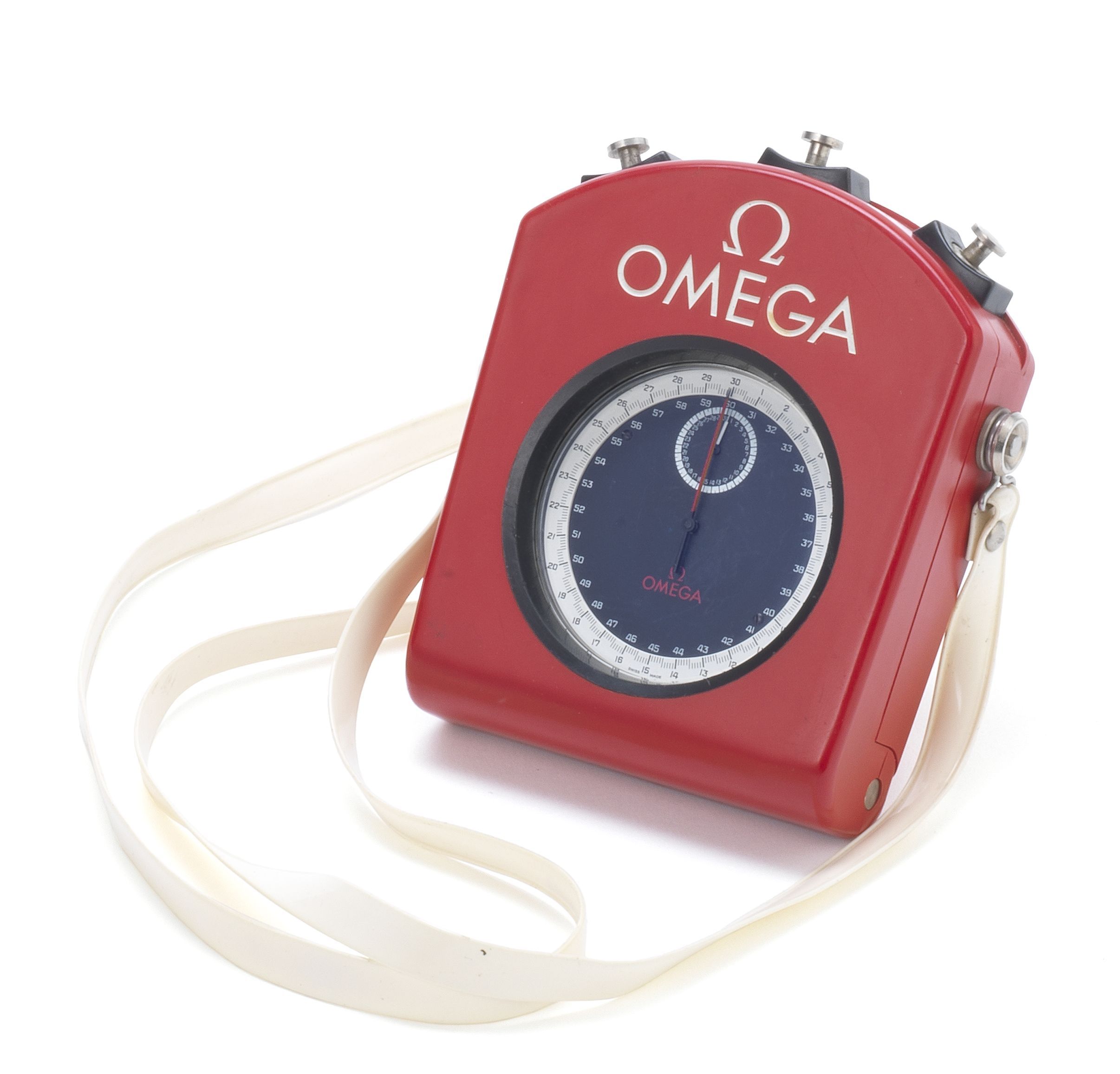 Omega. A rare and unusual plastic coated open face split 1/10th second stop watch together with fitted case and neck strapMovement No.2202662, 1960's