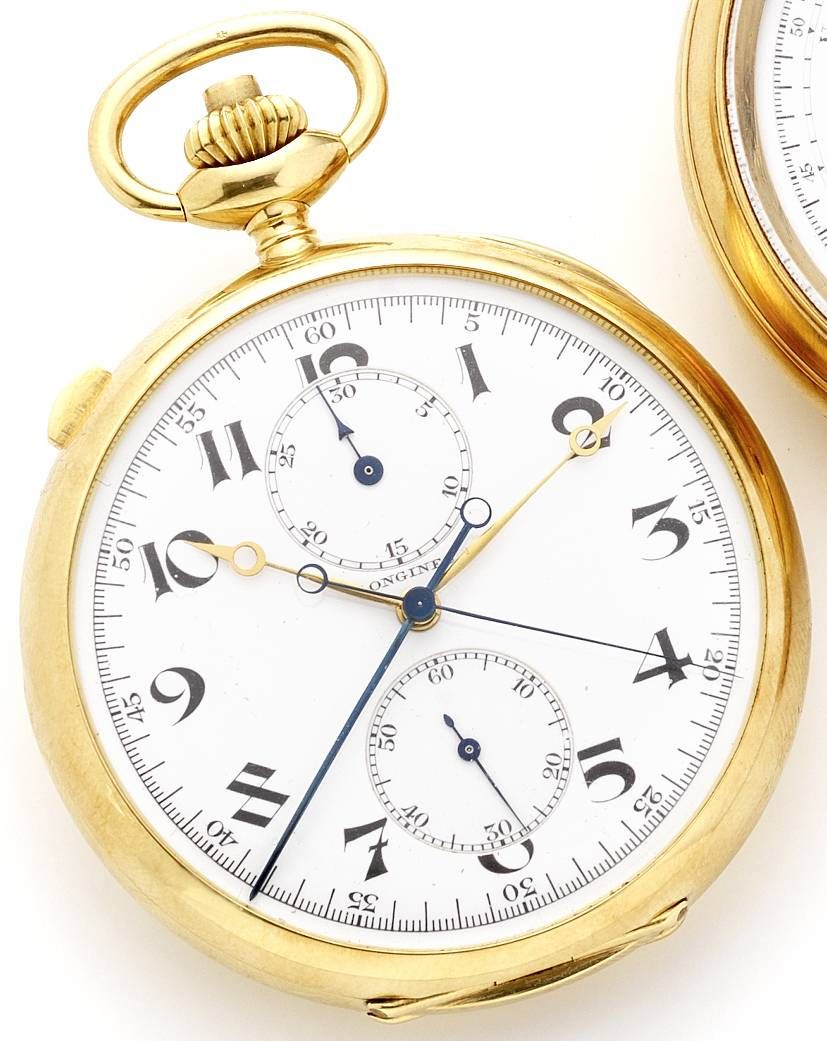 Longines. An 18ct gold open face keyless wind split seconds pocket watchCase & Movement No.4984019, Circa 1925