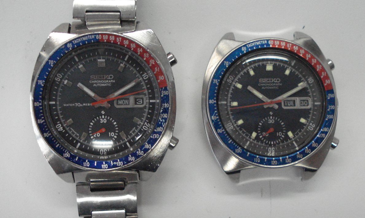 Seiko. A lot of two stainless steel automatic calendar chronograph wristwatches 1970's 2