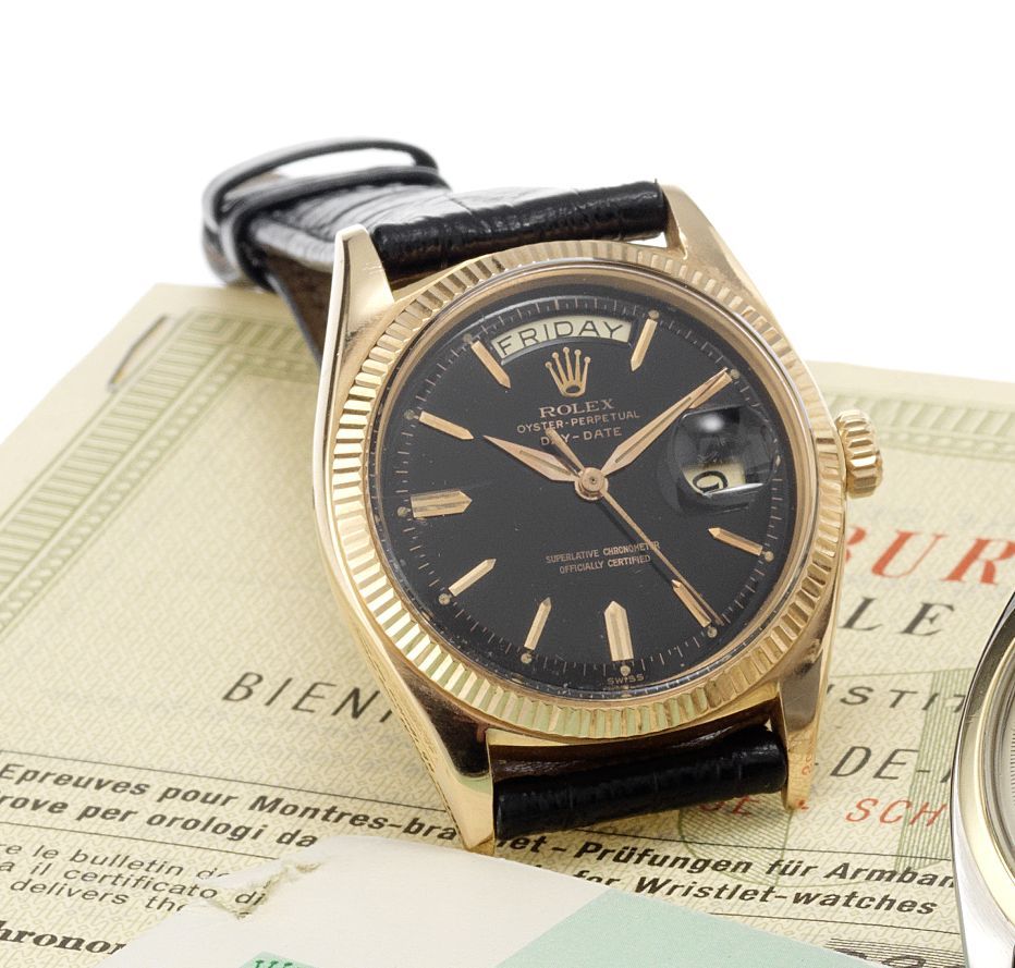 Rolex. A fine and rare 18ct rose gold automatic centre seconds calendar wristwatchDay-Date, Ref:1803, Made in 1961, Sold April 18th 1963