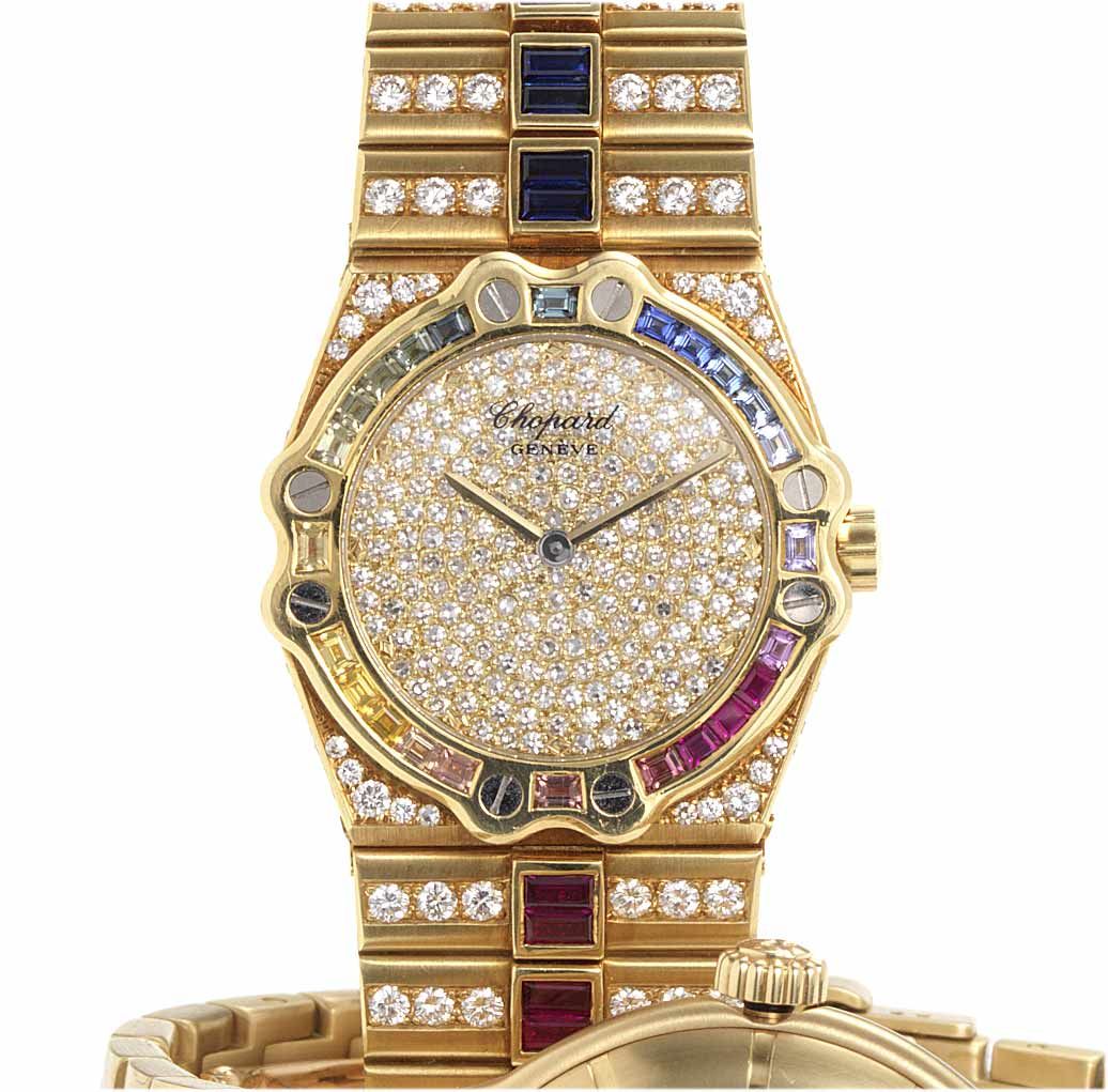 Chopard. A fine and rare 18ct gold diamond and multi coloured gem set bracelet watch1990's