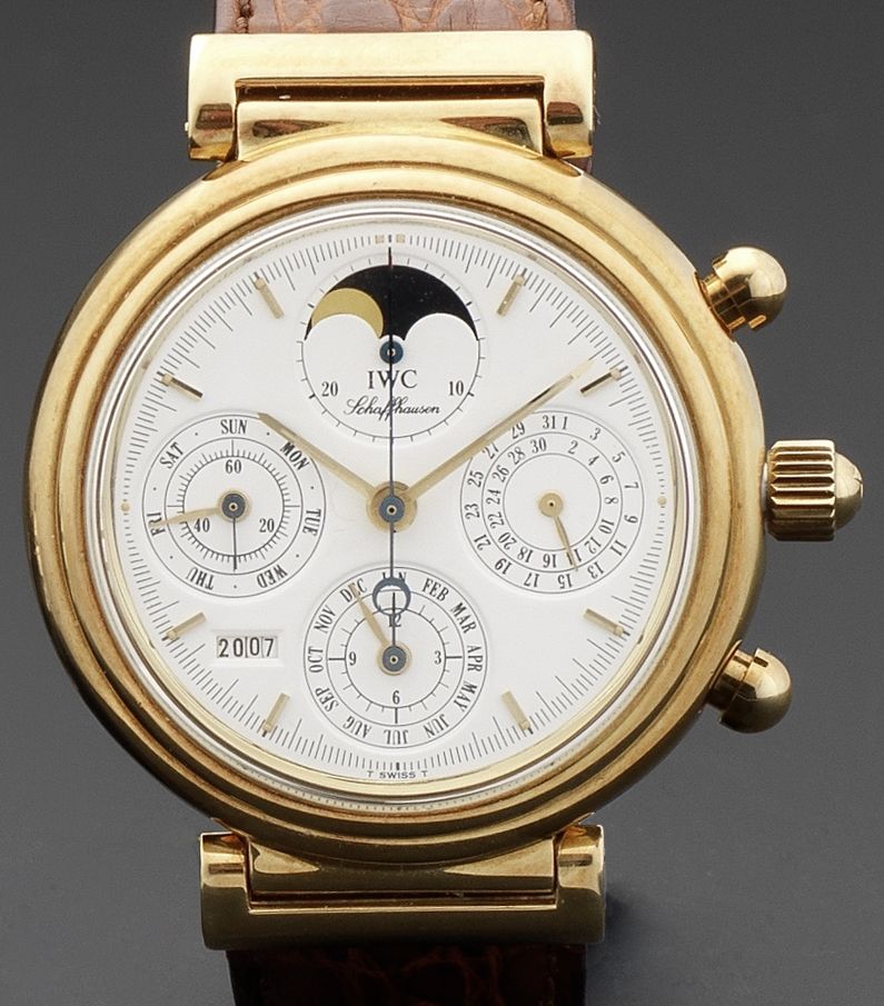 IWC. An 18ct gold automatic perpetual calendar wristwatchDa Vinci, Ref:3750, Case No.2503509, Circa 1990