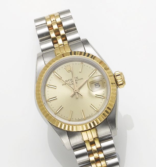 Rolex. A lady's stainless steel and gold automatic centre seconds calendar bracelet watchDate, 1984