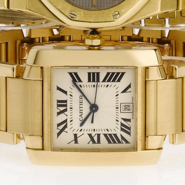 Cartier. A fine 18ct gold automatic centre seconds calendar bracelet watch with box and papers recent