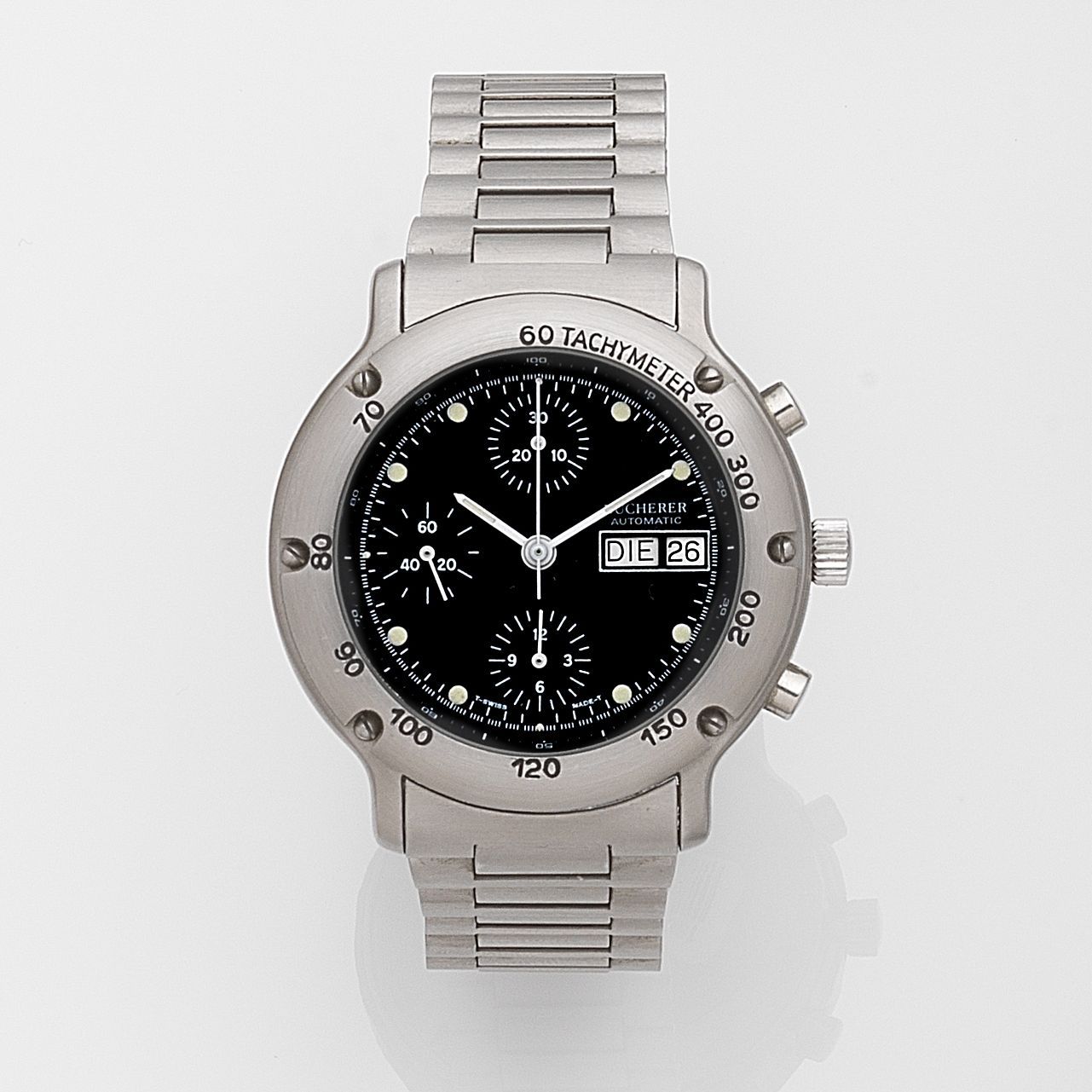 Bucherer. A stainless steel automatic chronograph calendar bracelet watchRef:14.036, Case No.1656020, Sold 20th October 1988
