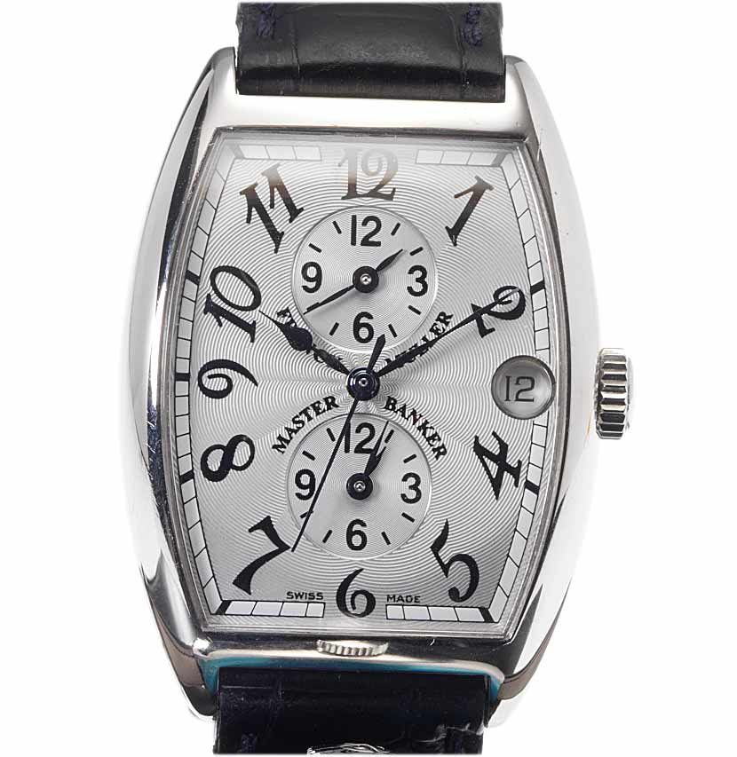 Franck Muller. A fine stainless steel automatic calendar watch with separate time dials for London, New York and Tokyo, together with fitted presentation box and ...