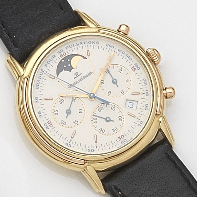 Jaeger-LeCoultre. An 18ct gold quartz calendar chronograph wristwatchMovement No.2667530, Circa 1995