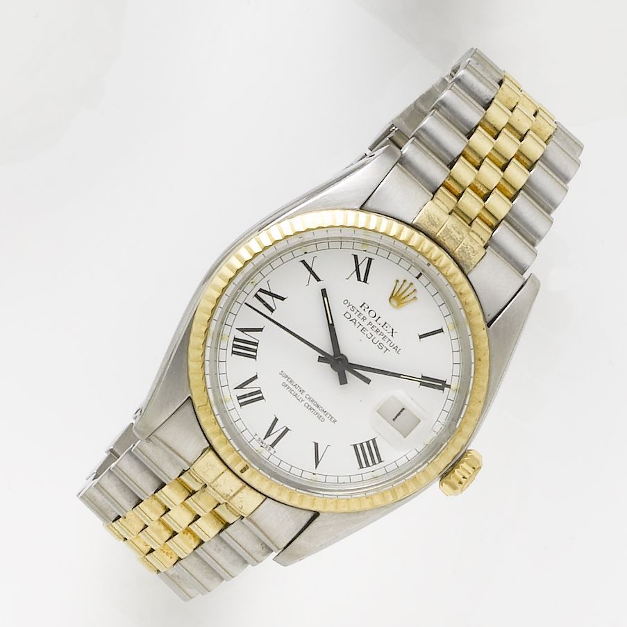 Rolex. A stainless steel and gold automatic wristwatchDatejust, Ref. 16013, Case Number 5583903, Sold 13th January 1979