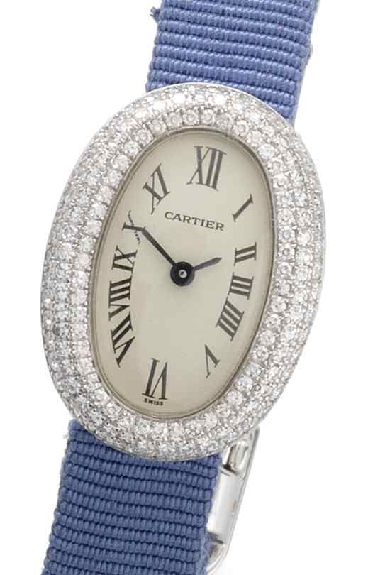 Cartier. An 18ct white gold diamond set wristwatchBagnoire, Recent
