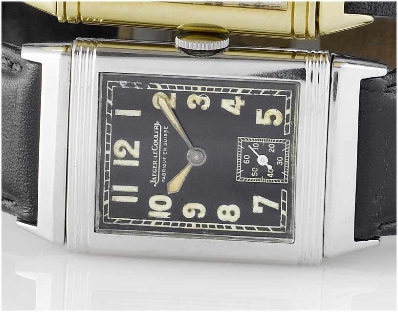 Jaeger Le Coultre. A fine stainless steel reversible wristwatch with black dialCase No.86827, circa 1940