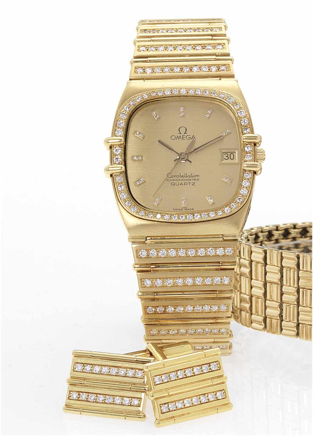 Omega. A fine 18ct gold diamond set centre seconds calendar bracelet watch with matching cufflinksConstellation, 1980's