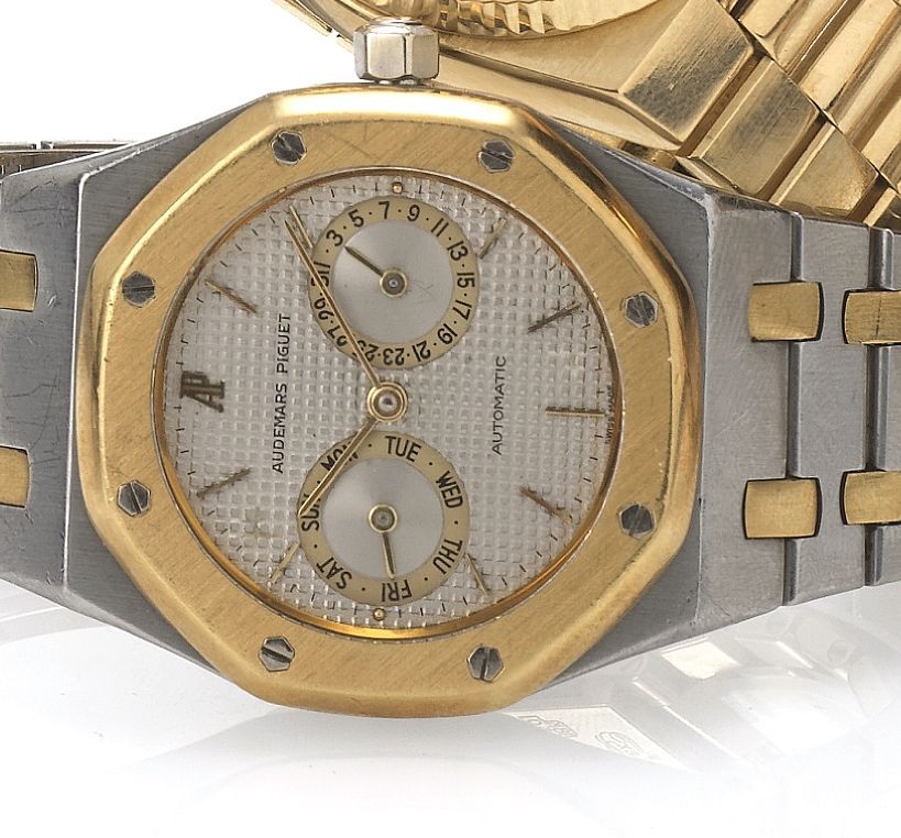 Audemars Piguet. A stainless steel and gold automatic calendar bracelet watchRoyal Oak, No.300, 1980's