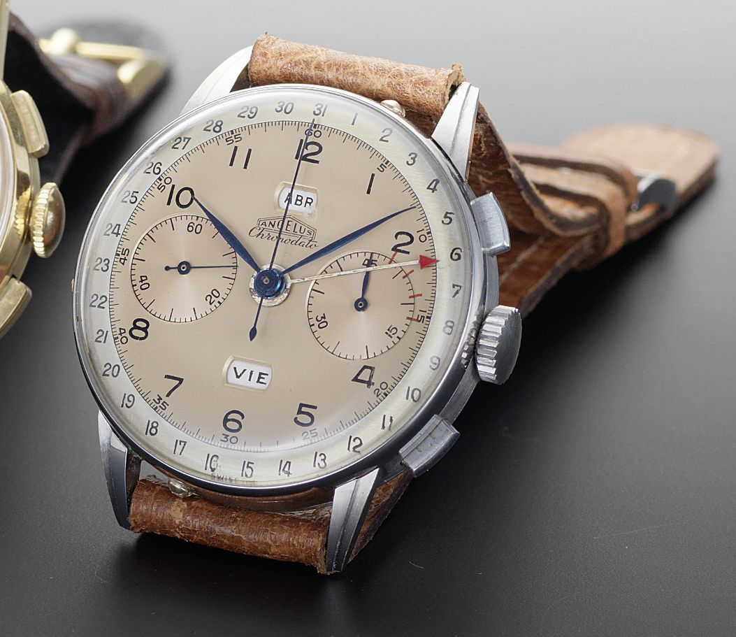 Angelus. A fine stainless steel triple calendar chronograph wristwatchCase No. 226447, 1940's