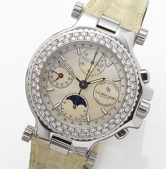 A. Le Marquand. A stainless steel and diamond set automatic chronograph calendar wristwatch with moonphases1990's