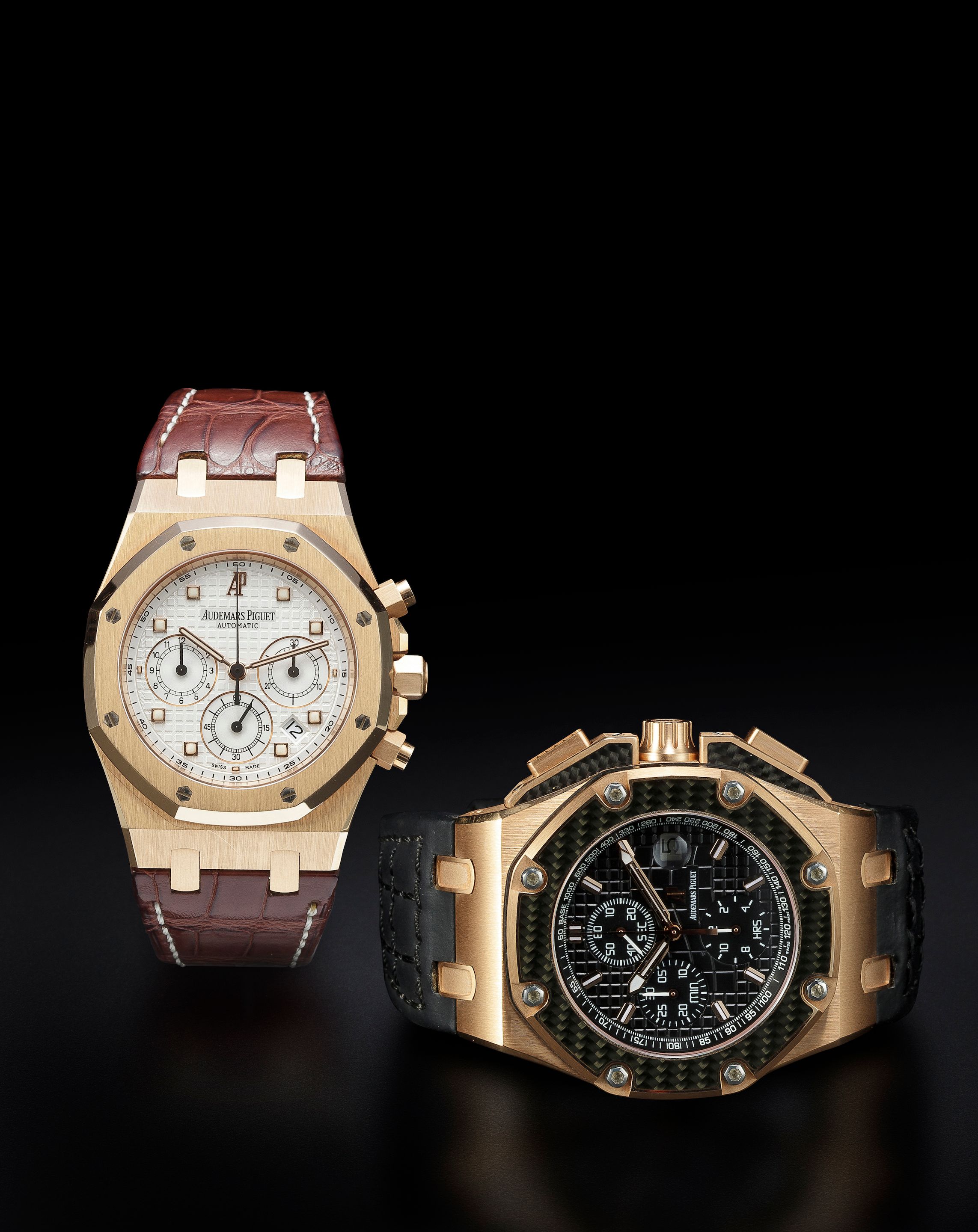 Audemars Piguet. A fine and rare limited edition 18K rose gold and carbon fiber automatic chronograph with dateRoyal Oak Offshore, Juan Pablo Montoya, No. 76 ...