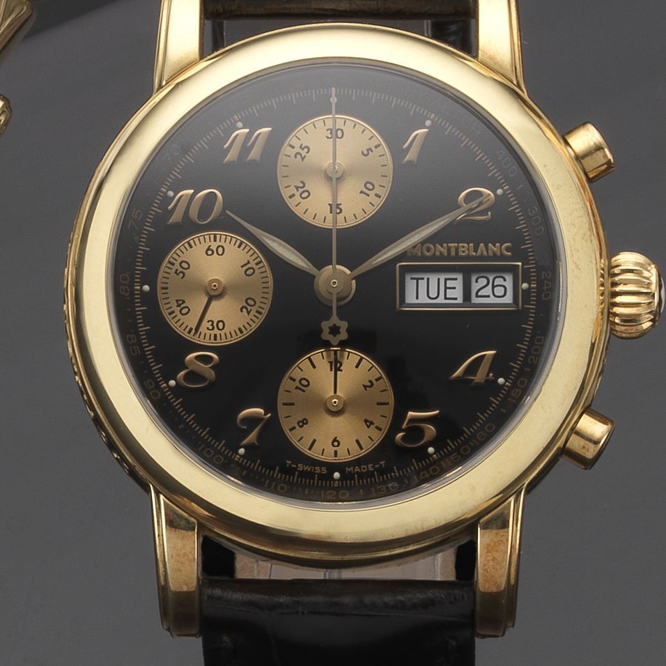 Montblanc. An 18ct gold automatic chronograph wristwatch with box and papersMeisterstück 4810, Case No.PL21535, Circa 2005