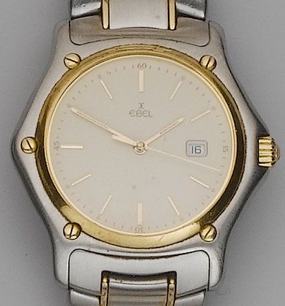 Ebel. A stainless steel and 18ct gold calendar bracelet watch'1911', sold in 1992