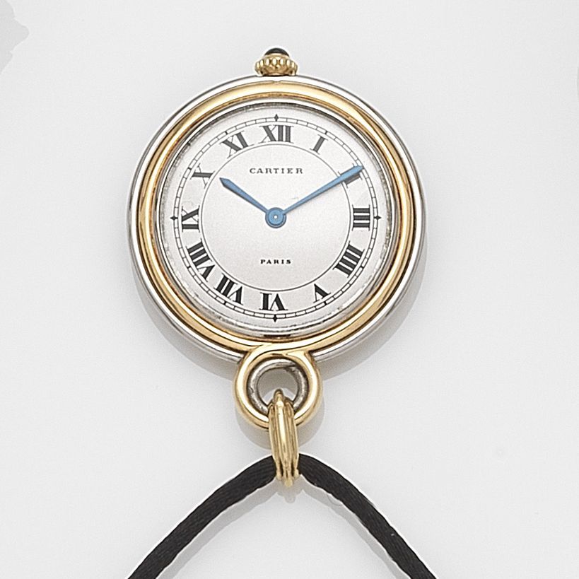 Cartier. A stainless steel and gold manual wind pendant watchCase No.200287, Circa 1975